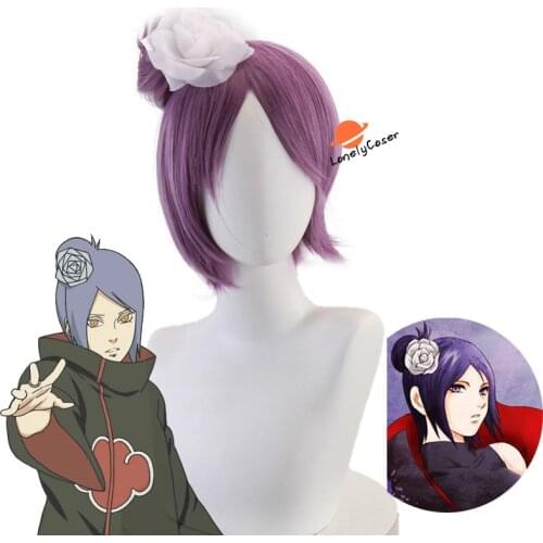 Anime Akatsuki Konan Cosplay Purple Wig Heat Resistant Hair with Wig Cap Halloween Party Role Play Cosplay Props