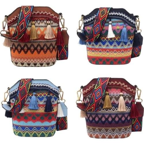 D0UD Vintage Ethnic Shoulder Bag Embroidery Boho Hippie Tassel Tote Messenger Beach Crossbody Women Girls Purse Phone Wallet