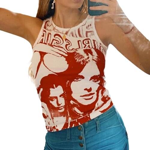 Y2k E-Girl Aesthetic Round Neck Tank Trendy Portrait Letter Print Sleeveless Cropped Tee Vintage Women Summer Tank Top
