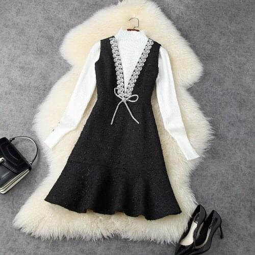 European and American womens wear 2020 winter new style Long-sleeved knit sweater Fashionable beaded tweed dresses two-piece