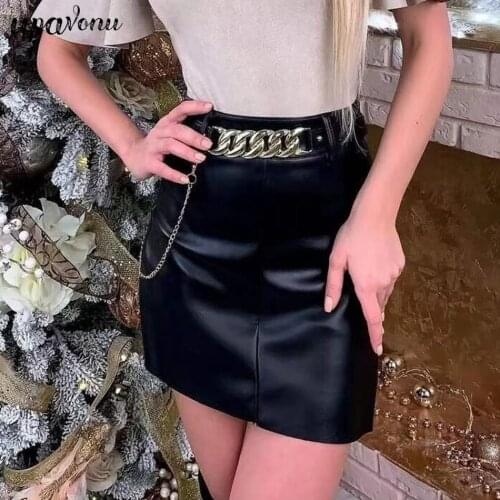 Free Shipping 2021 New Women Black Faux Leather Pu Skirt High Waist Belt Skinny Mini Skirt Celebrity Club Party Leather Skirt
