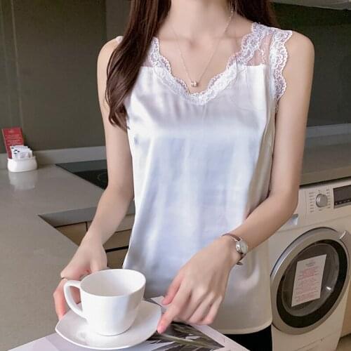 WWENN White Womens Satin Summer Tops For Women 2021 V Neck Basic Sleeveless Lace Tank Tops Women Summer Female Silk Top Black