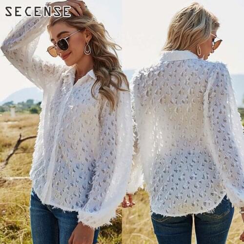 Ladies Feather Cardigan White Fashion Single-Breasted Long Lantern Sleeve Shirt Attractive Spring Summer 2021 Women Clothes