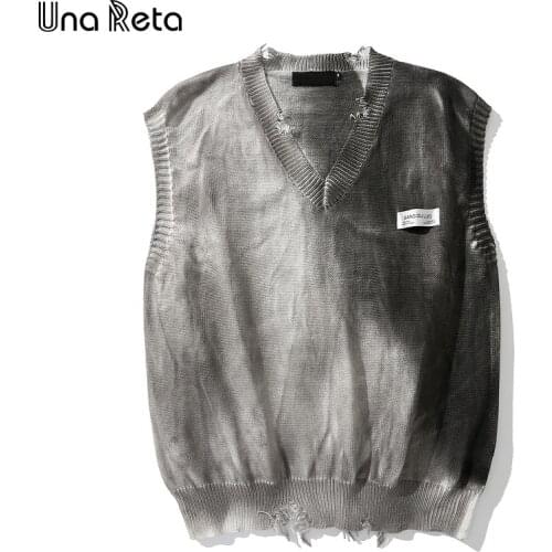 Una Reta Tie Dye Sweater Vest Men New Streetwear Mens Vests V Neck Pullover Men Sleeveless Sweater Hole Mens Sweater