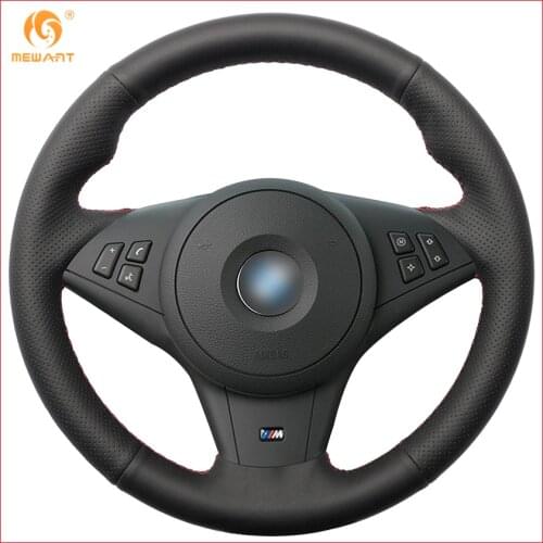 MEWANT Black Genuine Leather Car Steering Wheel Cover for BMW E60 E63 E64 M5 2005 2007 2008 M6 2007 Interior Accessories Parts