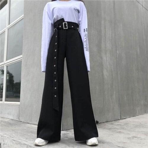 Harajuku Belt Wide Leg Women Pants High Waist Solid Color Full Length Trousers Spring Autumn Causal Loose Pants Female
