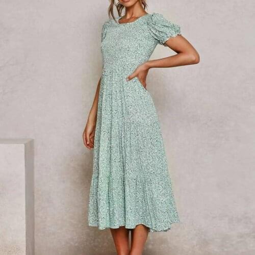 Jastie O-Neck Puff Sleeve Women Midi Dress Elastic Waist Floral Printed Dresses Elegant Dress for women 2021 Summer Dresses