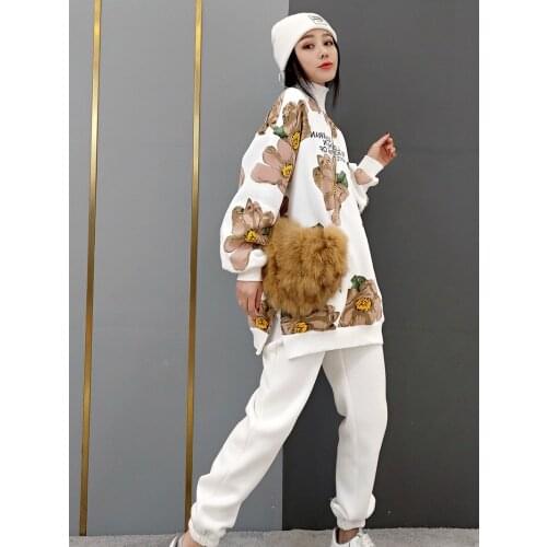 Spring New Arrival Turtleneck Elastic Waist 2020 New Womens Suit Fashion Plus Velvet Printed Sweater + Sports Pants Two-piece