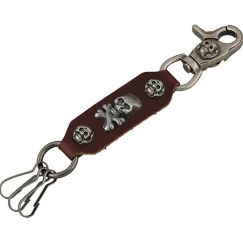Metal Skull Keychain Gothic Punk Rock Pants Accessories Skeleton Buckle Ring Genuine Leather Keyring Fashion Hiphop Jewelry Gift