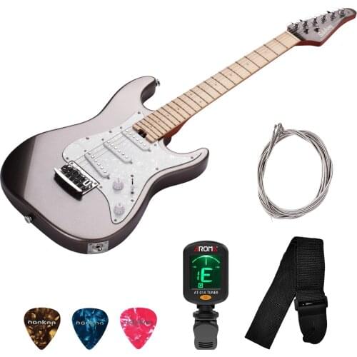 Mini 2/4 Right Handed Bolt-on Electric Guitar Alder Body Maple Neck Fingerboard White Pearl Guard Plate for Kid with Strap Tuner