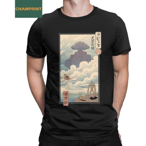 Vintage Castle In The Sky Ukiyo-E T-Shirt for Men Crew Neck Pure Cotton T Shirt Studio Ghibli Short Sleeve Tee Shirt 6XL Tops