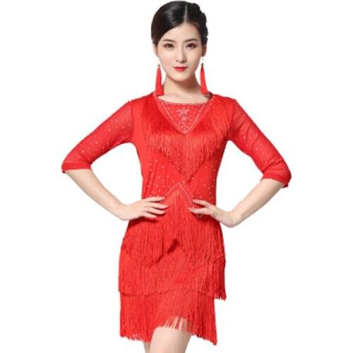 2020 new spring and summer Latin dance mesh gown mid-sleeved international Latin performance costume female pentagram hot diamon