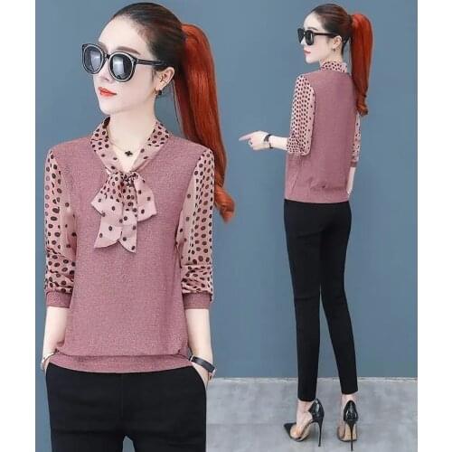 2021 Spring And Autumn New Long-Sleeved Tops Womens Plus Size T-Shirt Female Bowknot Fashion Stitching Bottoming Blouse L702