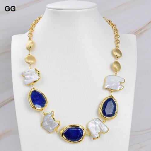 GG Jewelry 21'' Grey Keshi Pearl Blue Lapis Yellow Golden Plated Chain Necklace For Women Lady Gift Jewelry