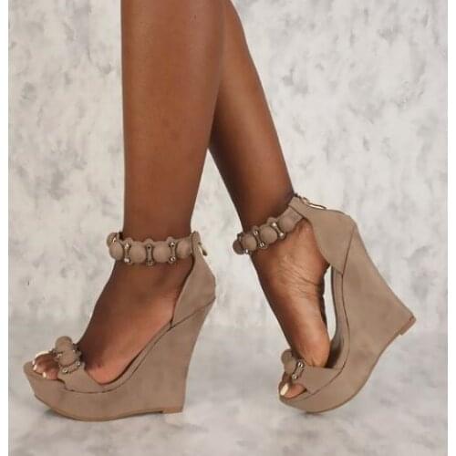 Gray Rivets Studded Ankle Strap Women Sandals Peep Toe High Platform Wedge Sandals Shoes Cut-out Gladiator Shoes Customized