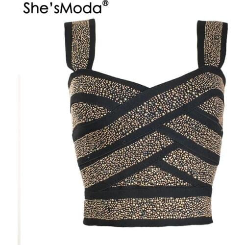 ShesModa Rivets Bandage Womens Spandex 2020 Summer Cropped Tops Vest Tank Bachelorette Plus Size