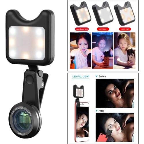 LED Clip-on Fill-in Light w/ 0.36x Wide Angle Lens for Laptop Camera Video Portable for Any Cellphone Smartphone