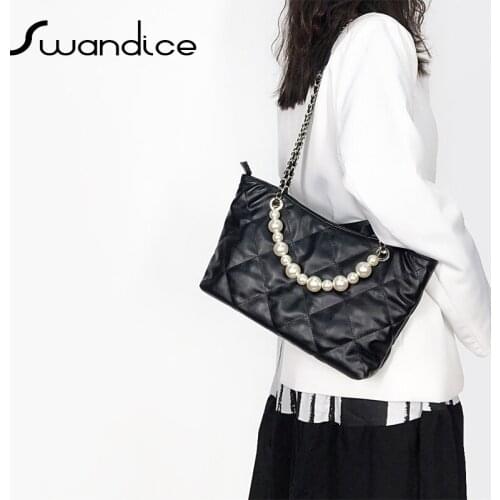 Pearl Soft Quilted Diamond Plaid Chain Shoulder Bags Hobo Crossbody Messenger Handbags Women Female Ladies Cross Body Purse Chic