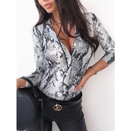 Women Snakeskin Leopard Printed Tops Casual V-Neck Long Sleeve Button Down Slim Fit Shirt Autumn/Spring Blouses S-XL
