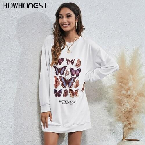 Womens Hoodie Autumn New Arrivals O Neck Fashion Butterfly Print Mid-length Sweater Female Sweatshirt Pullover Blouse Tracksuit