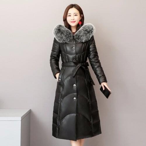 Leather Jacket Women Winter Sheepskin Genuine Leather Jacket Fox Fur Collar Hooded Duck Down Long Coat Chaqueta Mujer