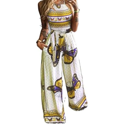 Summer Homewear Outfits Butterfly Print Women Two Piece Set Elegant Halter Vest Tops+Wide Leg Pants Loose Suits Streetwear