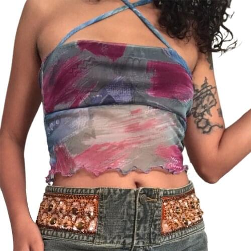 Women Close-fitting See-through Camisole, Grey Purple Halter Neck Sleeveless Crop Tops, S/ M/ L