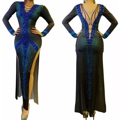 Blue Rhinestones Elastic Split Dress Sexy Long-Sleeved Long Dresses Drag Queen Costumes Women Evening Prom Stage Wear XS1087