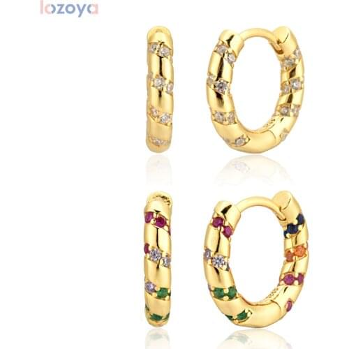 LOZOYA 100% 925 Sterling Silver Colorful Middle 8mm Piercing Rainbow Clips Hoops Earring Huggies Pendiente Women Circle Jewelry