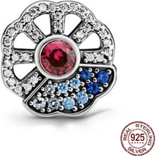 New 925 Sterling Sparkling Blue CZ Flower Charm Fit Original Pandora Charm Bracelets Necklace For Women DIY Jewelry