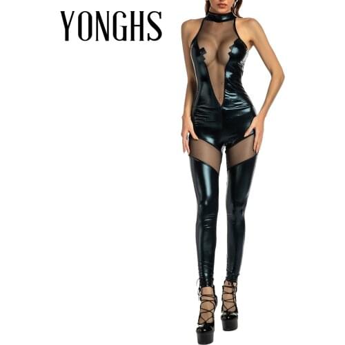 Lingerie See Through Bodysuit Womens Halter Mesh Jumpsuit Patent Leather Stage Show Sleeveless Catsuit Sexy Party Rave Clubwear