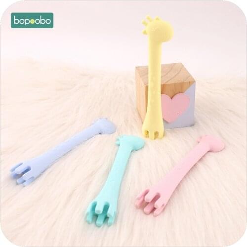 Bopoobo 5pc Feeding Fork Tableware Infant Learning Spoons Teething BPA Free Silicone Giraffe Spoons Teether Silicone Teetther