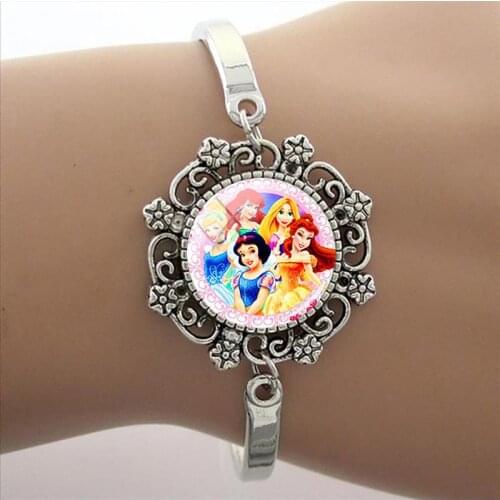 Disney Princesses Party Bracelet Lace Charm Bracelet Glass Princess Photo Cabochon Cartoon Image Dome Chain Bracelet Jewelry