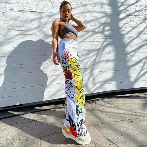 Graffiti Print Drawstring Sweatpants Streetwear Womens Baggy Loose Fitted Pants Joggers Wide Leg Dress Pants Fashion Girl