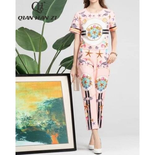 Qian Han Zi designer high-quality fashion beaded two piece set Womens blouse and print long pants Elegant suit set