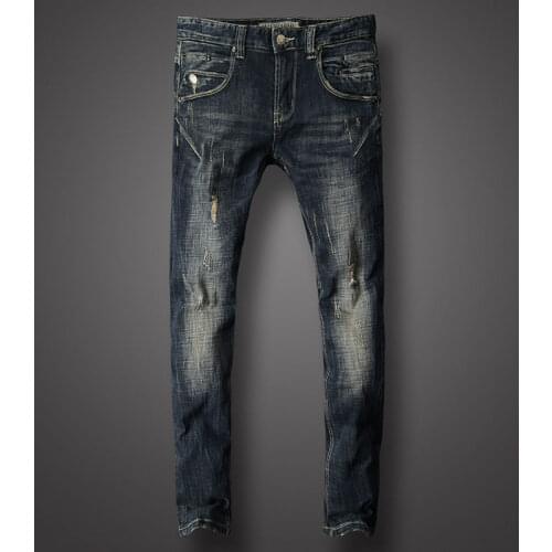 European Street Fashion Men Jeans Retro Black Blue Elastic Slim Fit Ripped Jeans Men Spliced Designer Hip Hop Denim Punk Pants