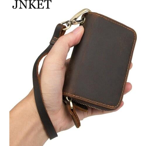 JNKET New Retro Mens Cow Leather Short Wallet Zipper Wallet Clutch Wallet Billfold Coins Purse Notecase Key Case