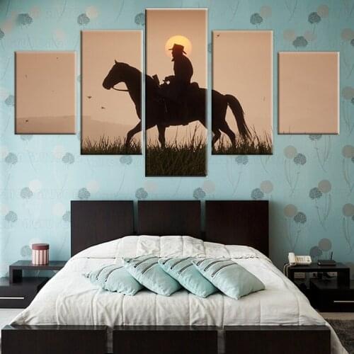 Canvas Painting 5 Panels Western Cowboy Sunset Scenery Decoration Poster HD Picture Home Decoration Frameless Wall Art Murals