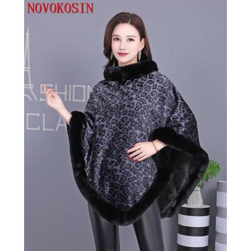 Leopard Print Poncho Faux Rex Rabbit Winter Out Street Wear Women Capes Knitted O Neck Fur Sweater Plus Velvet Warm Pullover