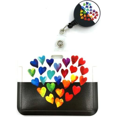 Rainbow Color Hearts Love Cute Card Cover Clip Lanyard Retractable Student Nurse Badge Reel Clip Cartoon ID Card Badge Holder