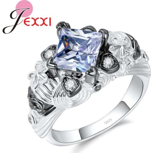 Mystic White Square Crystal Jewelry with 4 Heart Zircon Stone 925 Sterling Silver Women Girls Finger Ring Punk Style