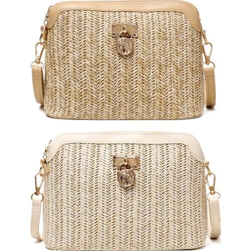 Fashionable PU Leather Crossbody Bag Woven Straw Women Ladies Shell Shoulder Bags for Travelling Beach Holiday Decor