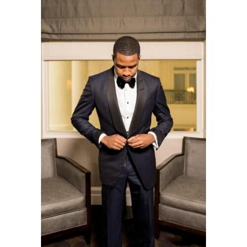 Fashionable One Button Navy Blue Groom Tuxedos Groomsmen Shawl Lapel Mens Suits Blazers (Jacket+Pants+Tie) W:953