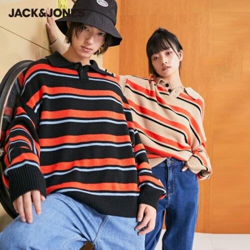 JackJones Mens Batwing Sleeves Oversized Stripe Unisex Lovers Turn-down Collar Knit Sweater | 220324024