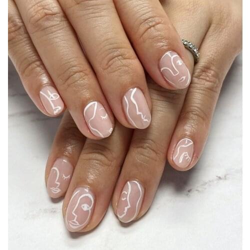 24pcs/box Fake Nails With Glue Human Face Printed Round Head Type Flesh Pink Short Paragraph Manicure False Nail With Designs DL