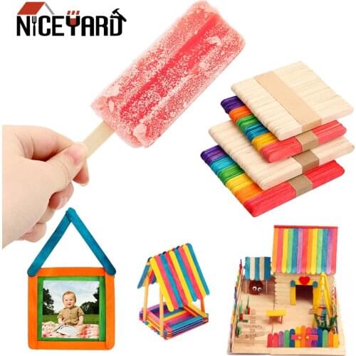 NICEYARD Kids DIY Hand Crafts 50Pcs/Lot Colored Wooden Popsicle Sticks Natural Wood Ice Cream Sticks Art Ice Cream Tools