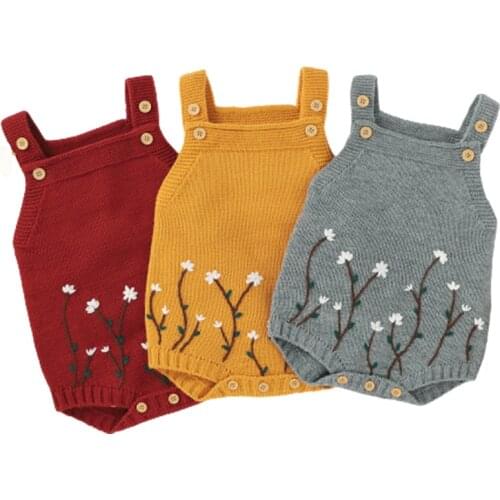 Autumn Winter Infant Children Sweaters Baby Rompers Clothes Sleeveless Vintage Floral Knitted Newborn Embroidery Girls Jumpsuit