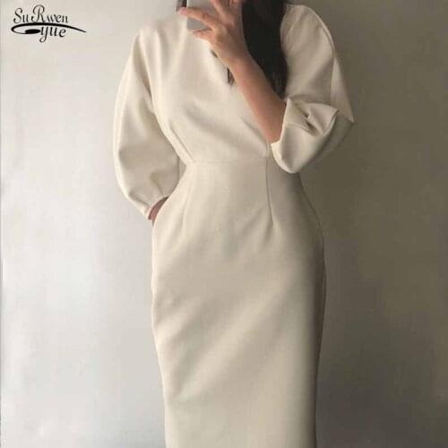 Fashion Sexy Solid Color Dress Women Elegant Slim O-neck Puff Sexy Solid Ladies Office Dress Slim Midi Dress Vestidos OL 12089