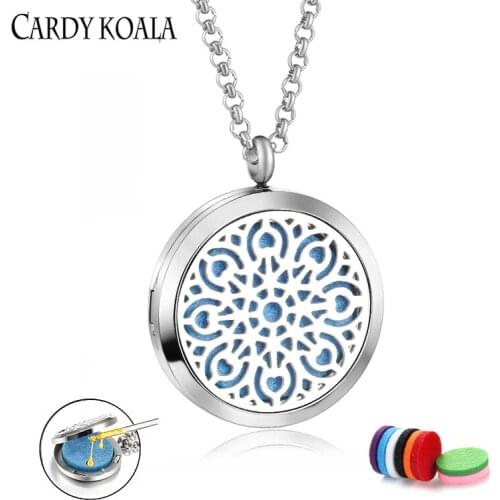 Stainless steel hollow photo box European and American round perfume essential oil necklace long pendant