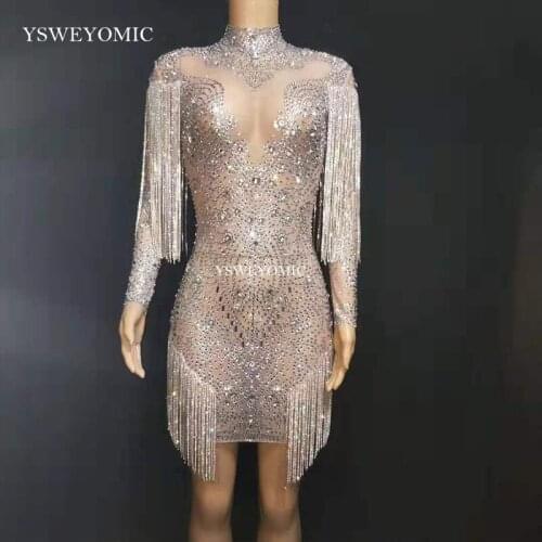 Sparkly Crystals Chains Mesh Perspective Dress Evening Party Dresses Evening Birthday Celebrate Singer Performance Short Dress